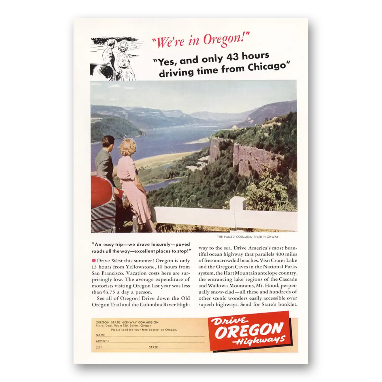 1941 Oregon Driving Time from Chicago Vintage Magazine Print Ad