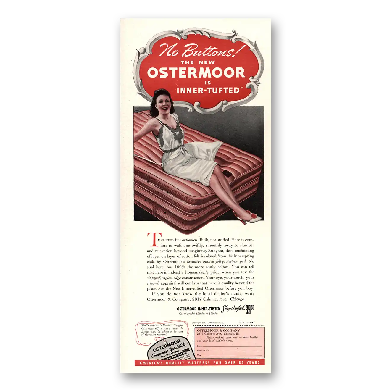 1941 Ostermoor Mattress No Buttons Inner Tufted Vintage Magazine Print Ad