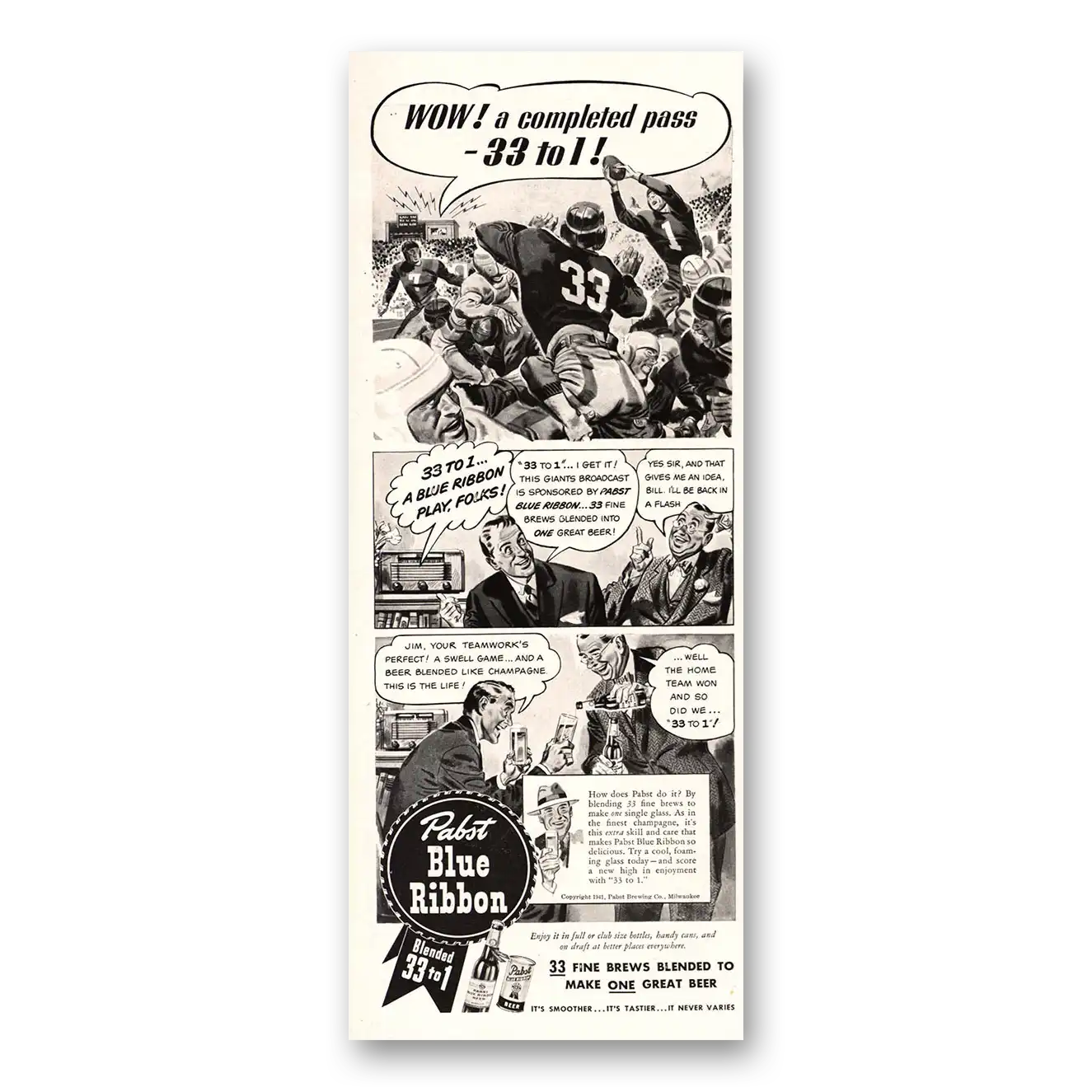 1941 Pabst Blue Ribbon Beer Completed Pass Football Vintage Magazine Print Ad