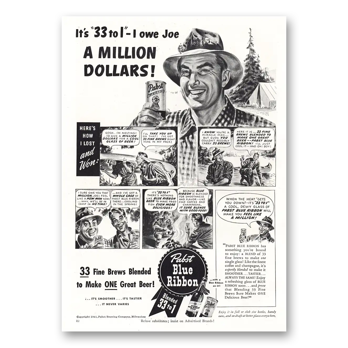 1941 Pabst Blue Ribbon Beer Owe Joe A Million Dollars Vintage Magazine Print Ad