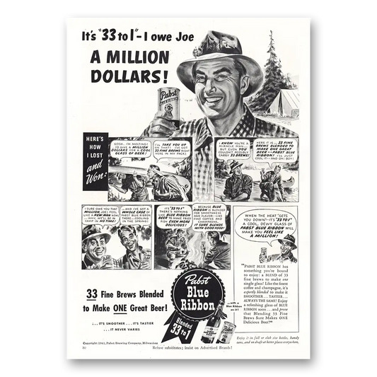 1941 Pabst Blue Ribbon Beer Owe Joe A Million Dollars Vintage Magazine Print Ad