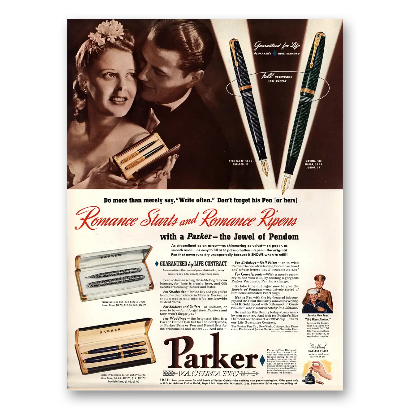 1941 Parker Vacumatic Pen Romance Starts and Romance Ripens Vintage Magazine Print Ad