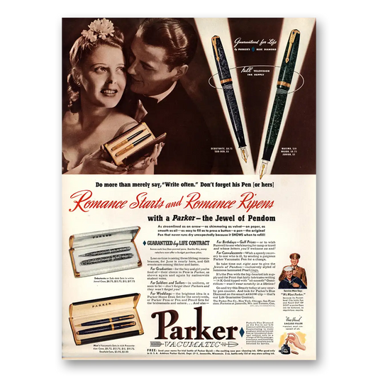 1941 Parker Vacumatic Pen Romance Starts and Romance Ripens Vintage Magazine Print Ad