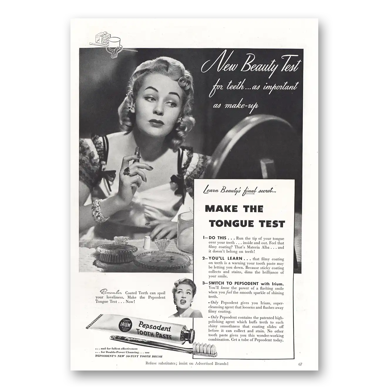 1941 Pepsodent Make the Tongue Test Vintage Magazine Print Ad