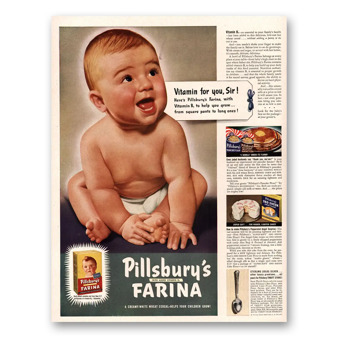 1941 Pillsbury Farina Cereal Vitamin For You Sir Vintage Magazine Print Ad