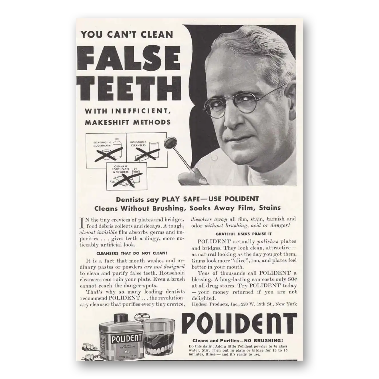 1941 Polident Clean False Teeth Vintage Magazine Print Ad