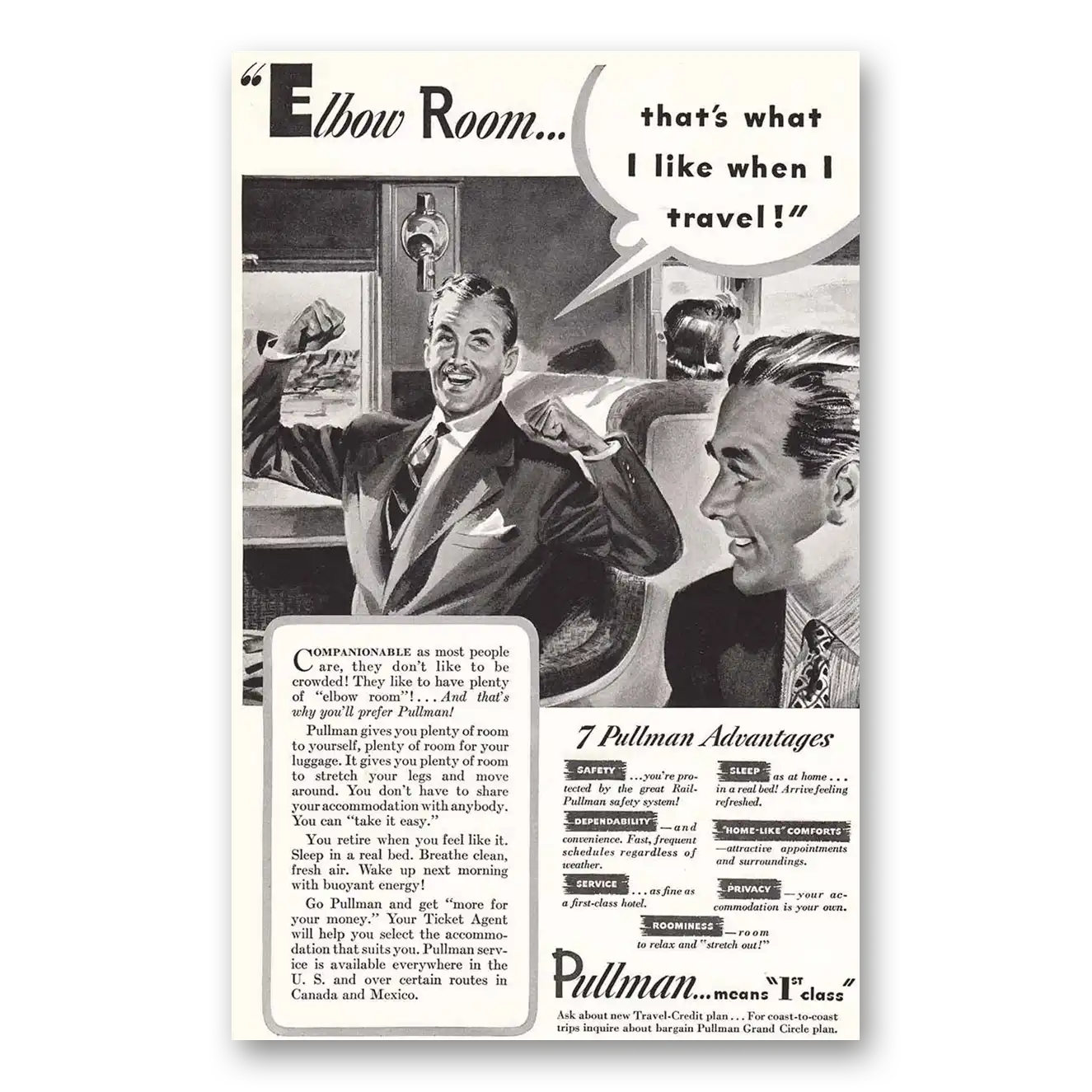 1941 Pullman Elbow Room Vintage Magazine Print Ad