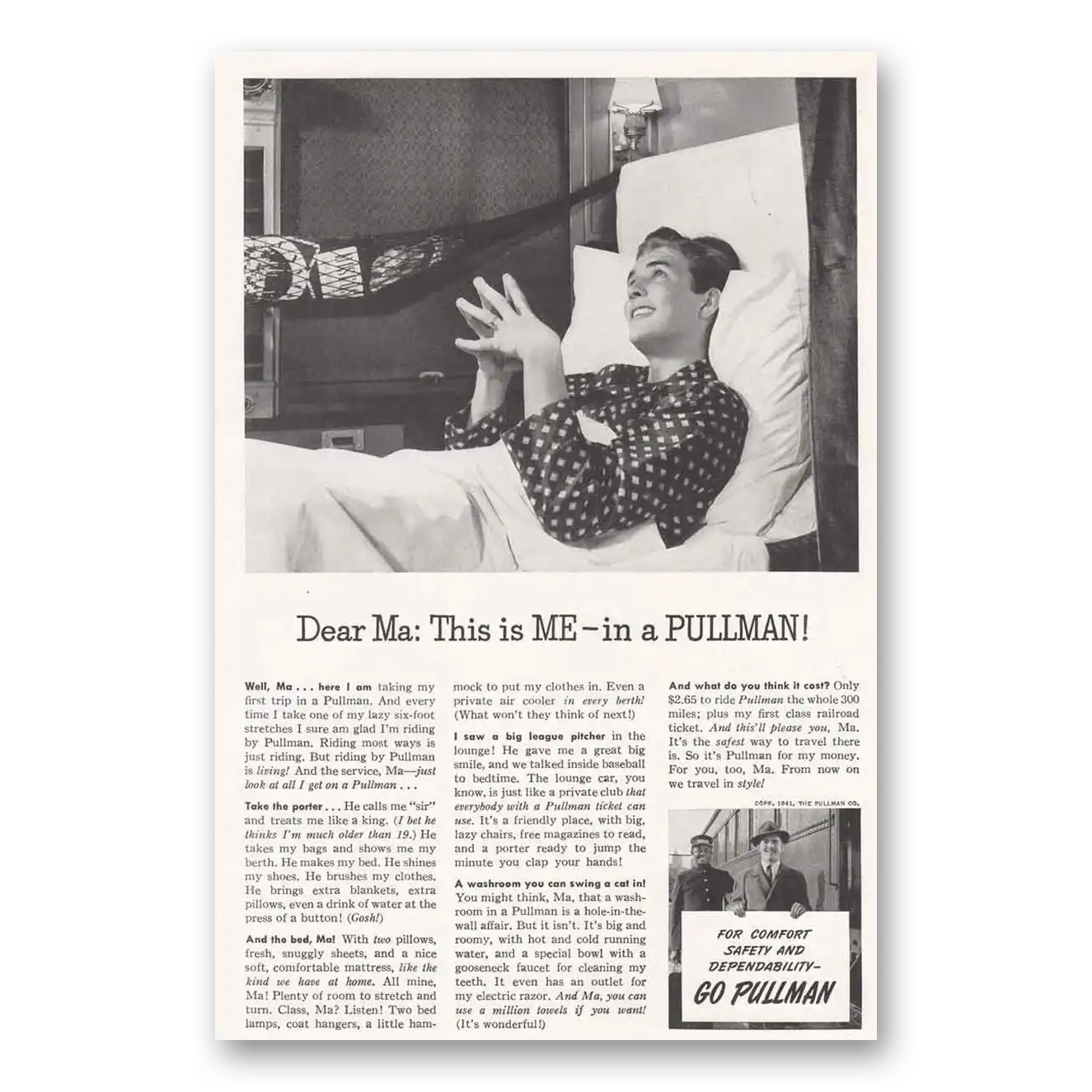 1941 Pullman Dear Ma This is Me In a Pullman Vintage Magazine Print Ad