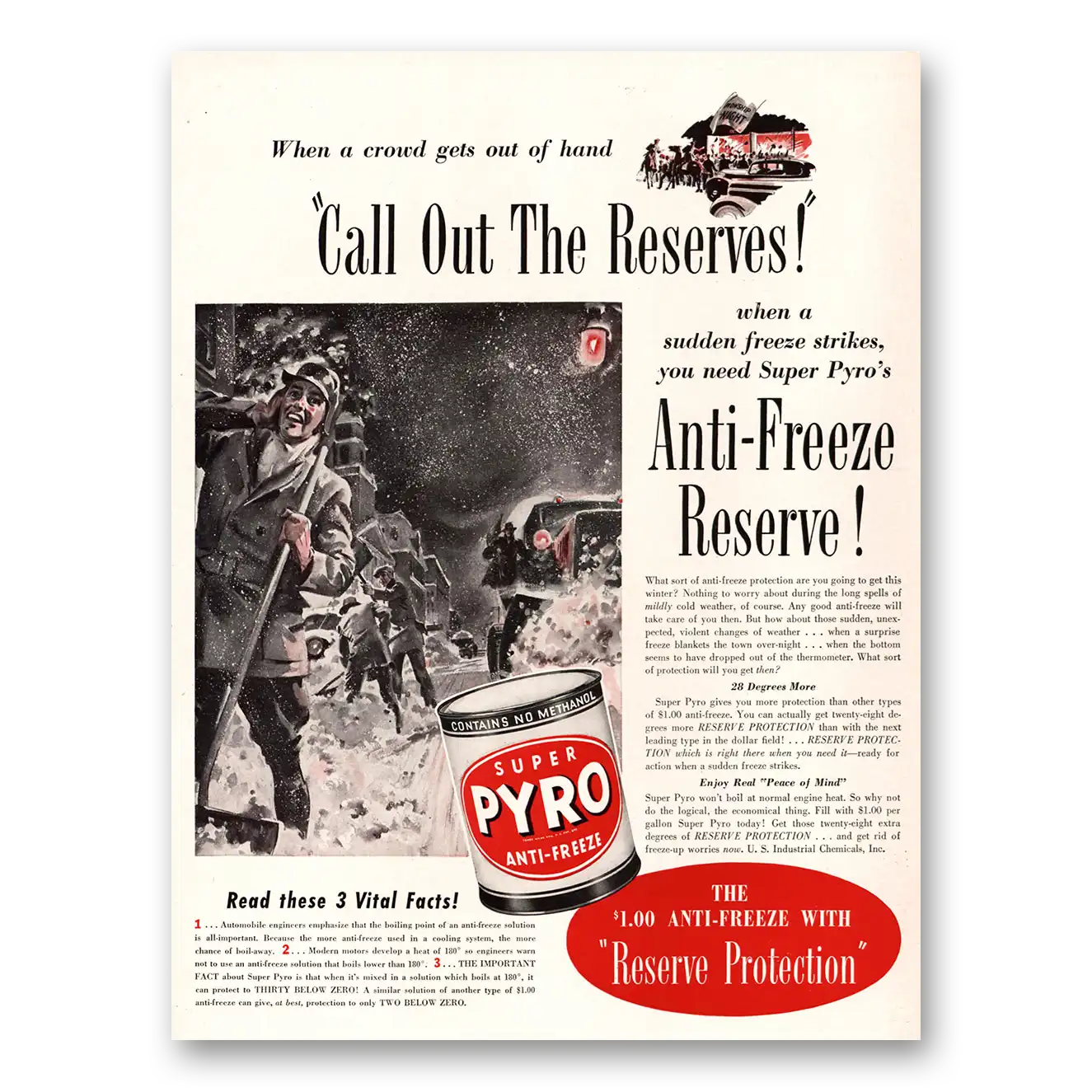 1941 Super Pyro Anti Freeze Call Out the Reserves Vintage Magazine Print Ad