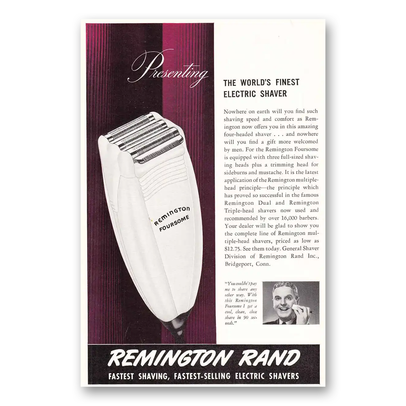 1941 Remington Rand Electric Shaver Worlds Finest Vintage Magazine Print Ad