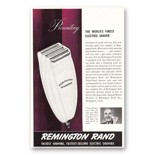 1941 Remington Rand Electric Shaver Worlds Finest Vintage Magazine Print Ad