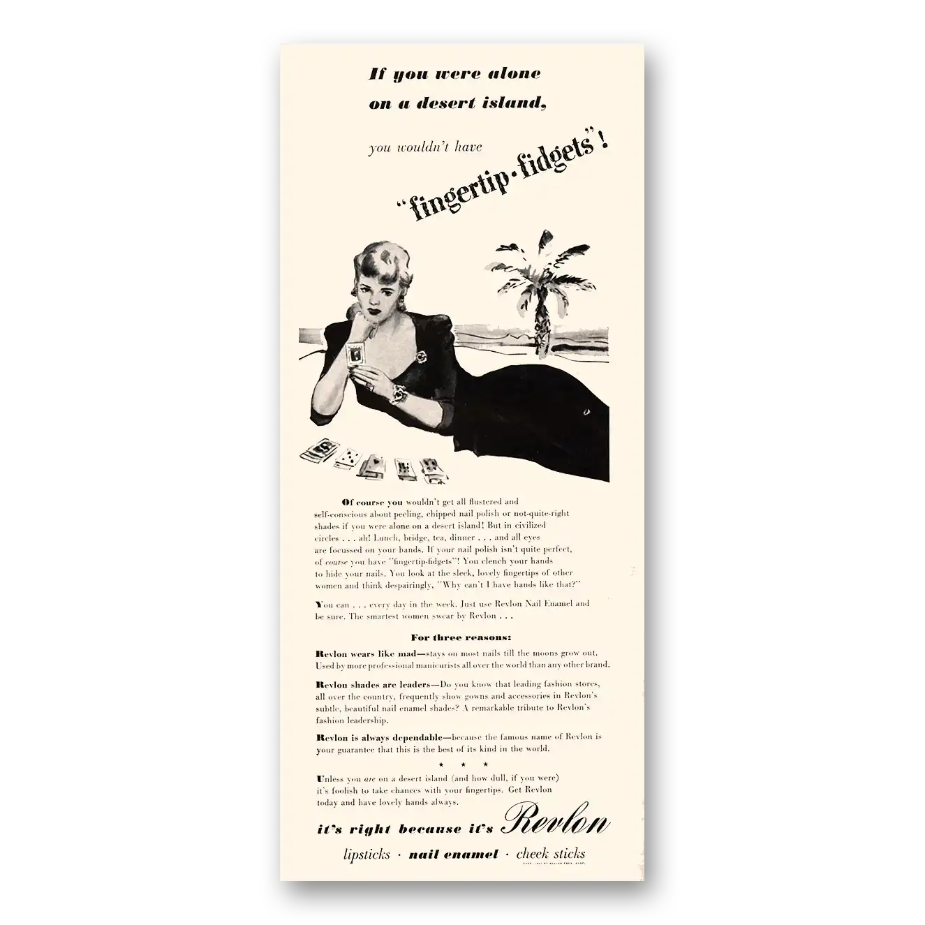 1941 Revlon Cosmetics You Were Alone On a Desert Island Fingertip Fidgets Vintage Magazine Print Ad