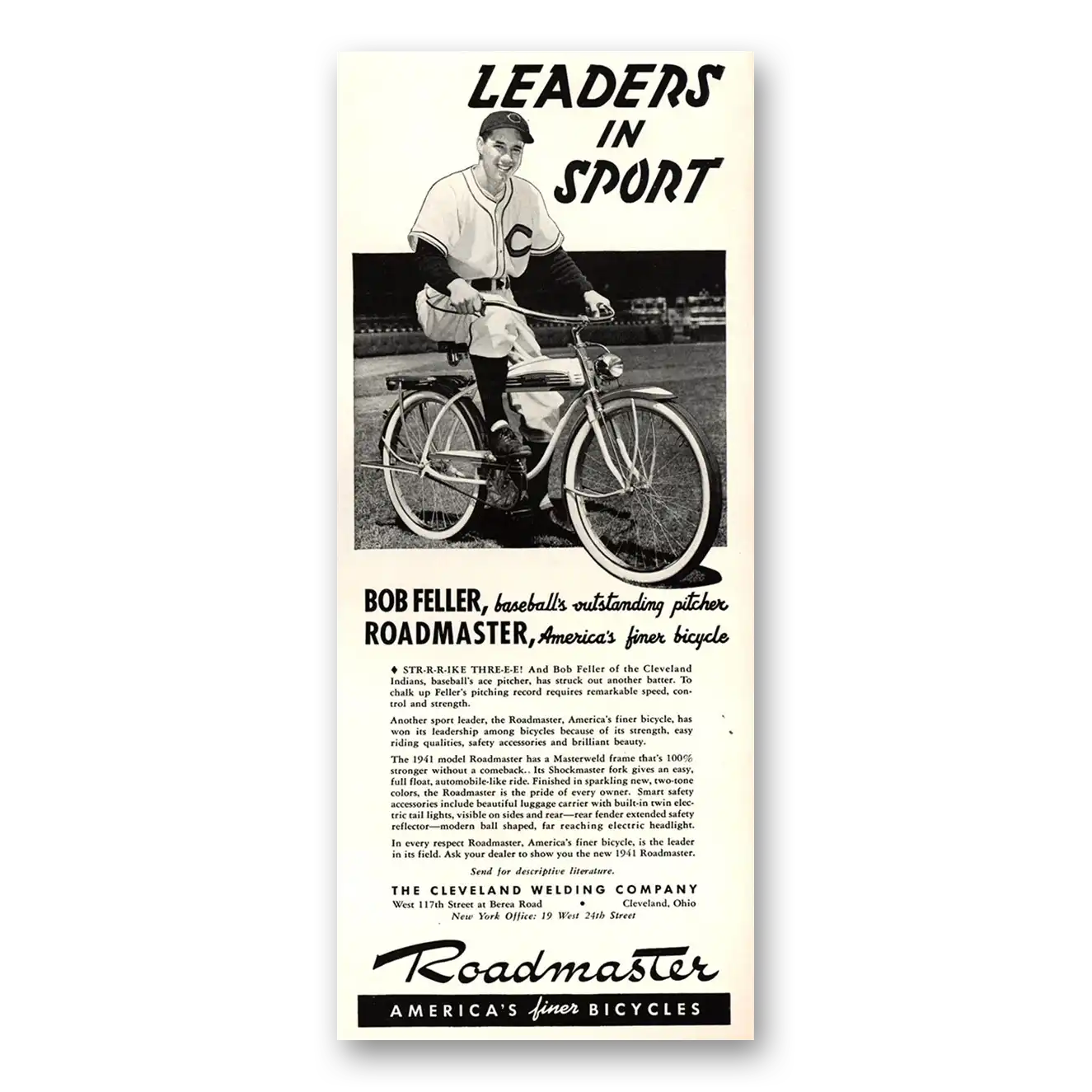 1941 Roadmaster Bicycles Leaders In Sport Bob Feller Vintage Magazine Print Ad