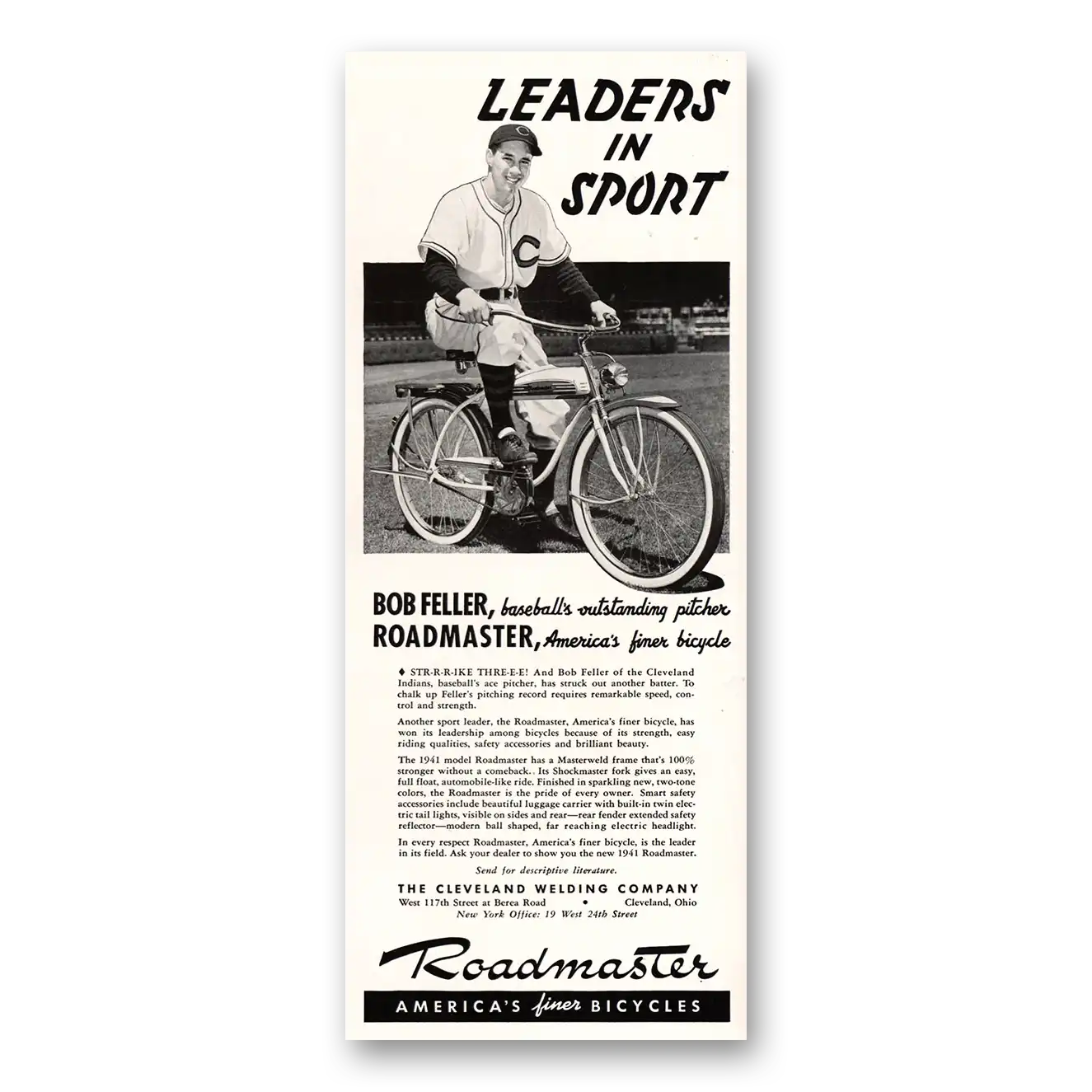 1941 Roadmaster Bicycles Bob Feller Leaders In Sport Vintage Magazine Print Ad