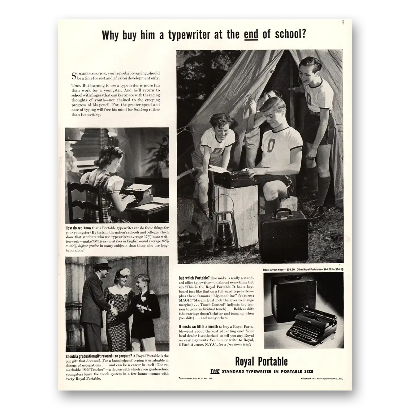 1941 Royal Typewriter End of School Vintage Magazine Print Ad