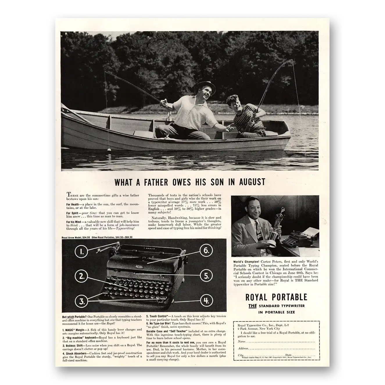 1941 Royal Typewriter Father Owes His Son in August Vintage Magazine Print Ad