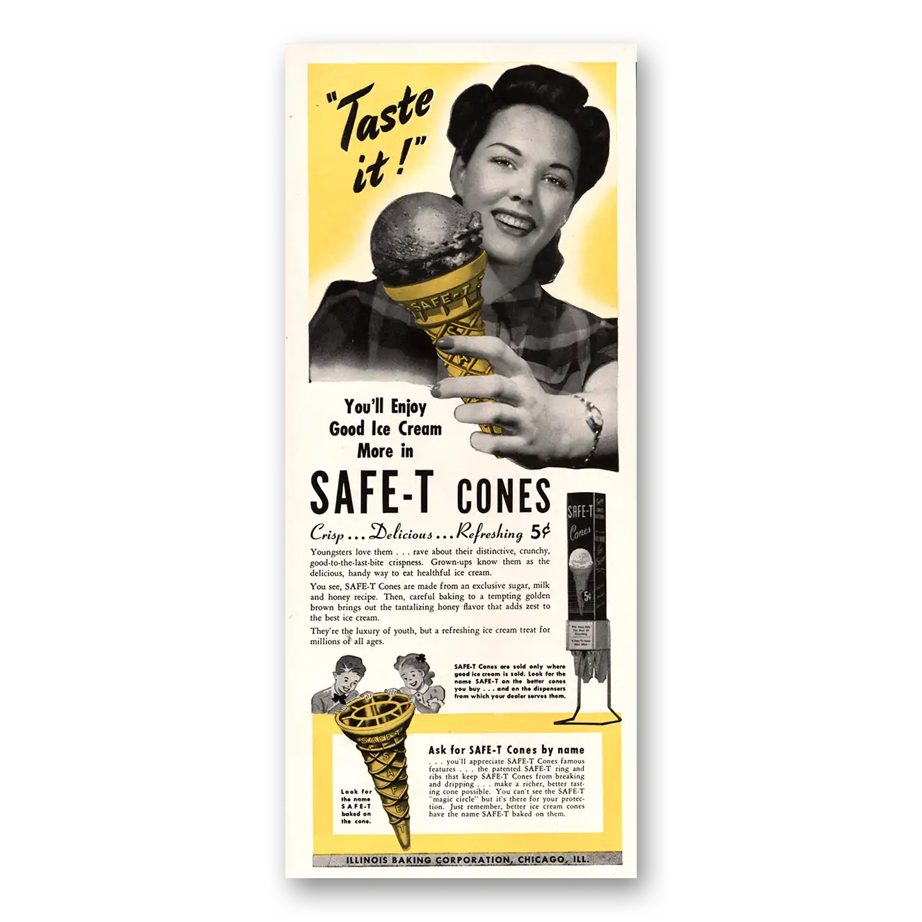 1941 Safe T Cones Taste It Good Ice Cream Vintage Magazine Print Ad