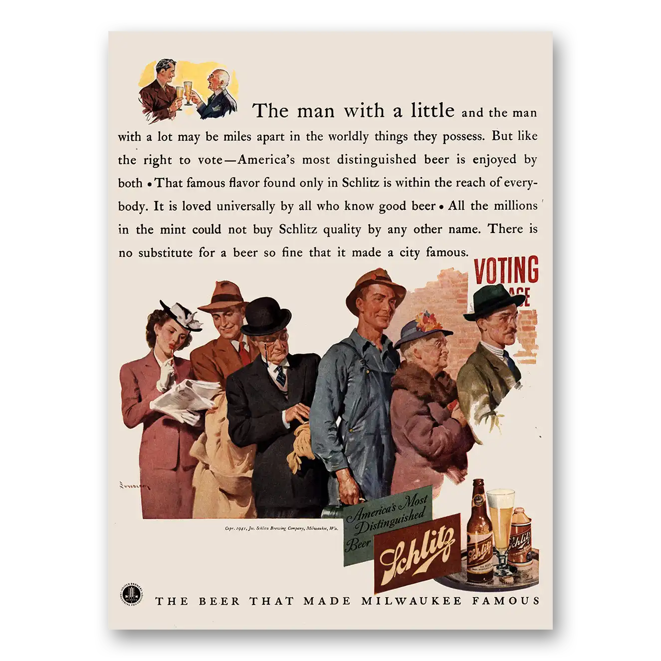 1941 Schlitz Beer Man With a Little Voting Vintage Magazine Print Ad