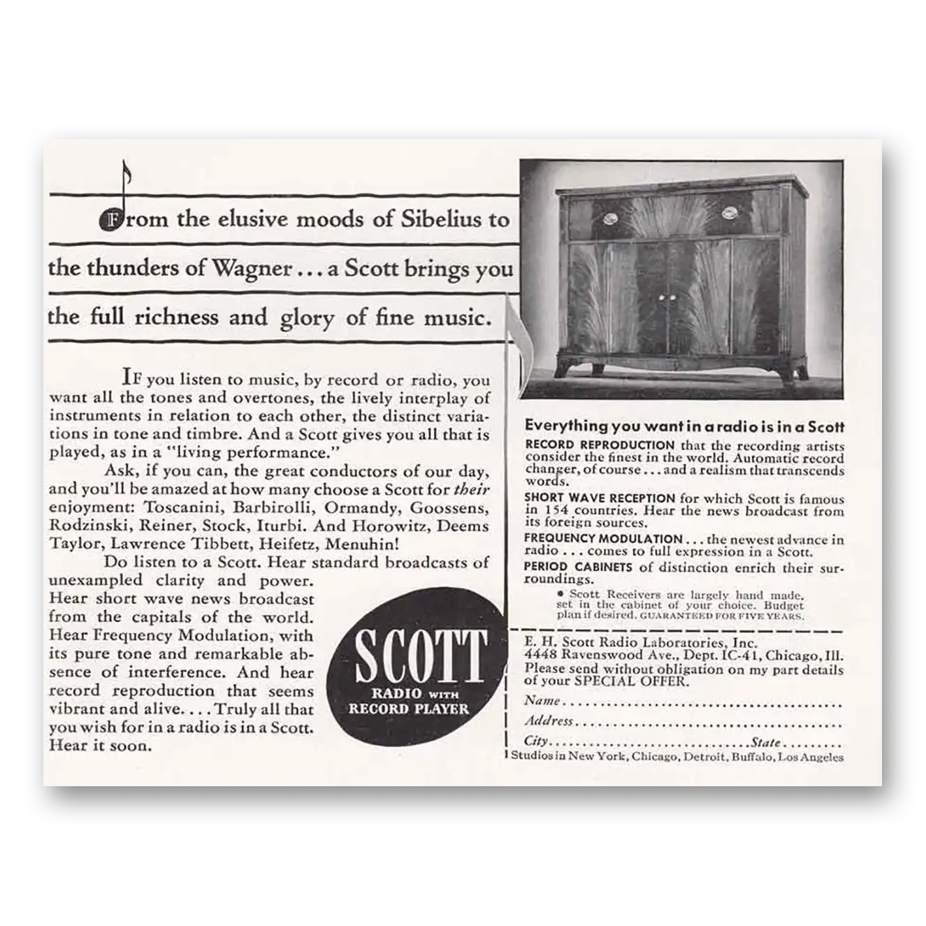 1941 Scott Radio Elusive Moods of Sibelius Vintage Magazine Print Ad