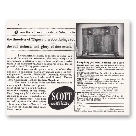 1941 Scott Radio Elusive Moods of Sibelius Vintage Magazine Print Ad