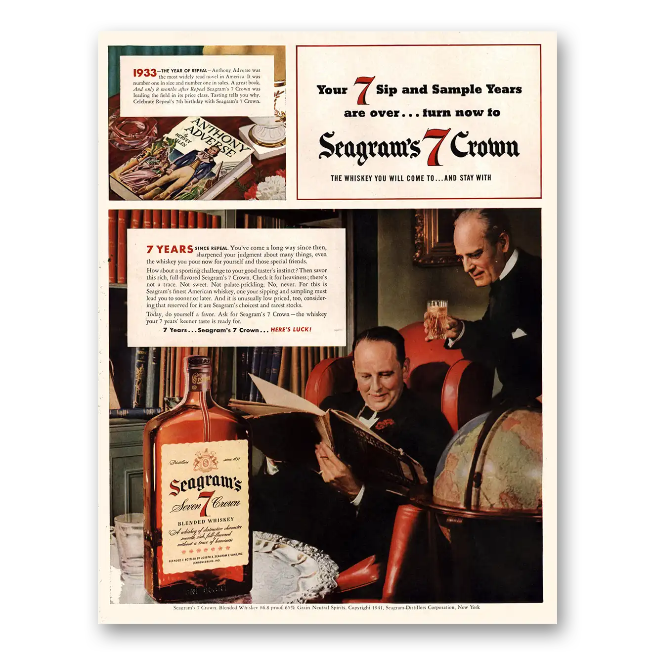 1941 Seagrams 7 Crown Whiskey Anthony Adverse Vintage Magazine Print Ad