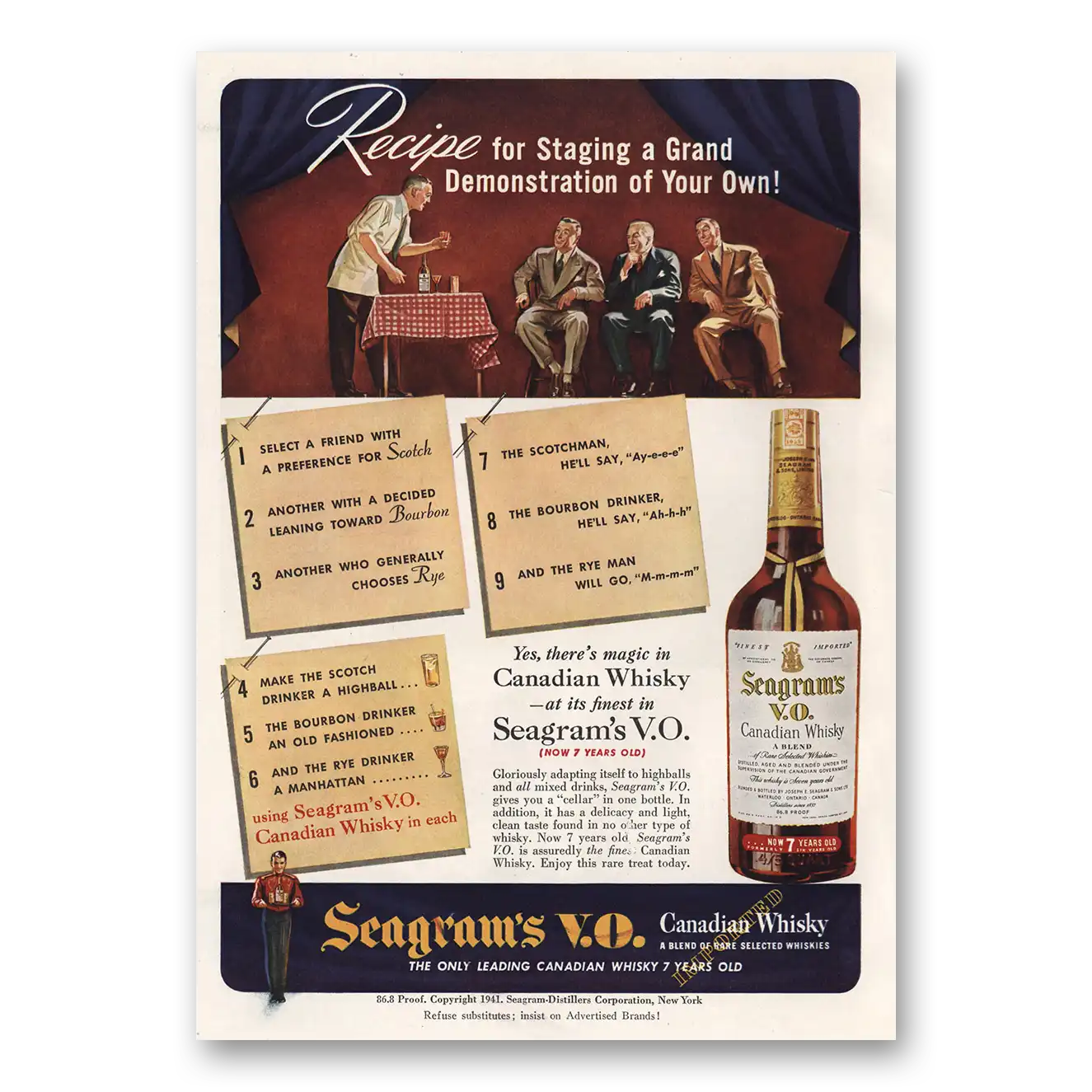 1941 Seagrams VO Whisky Staging a Grand Demonstration Vintage Magazine Print Ad