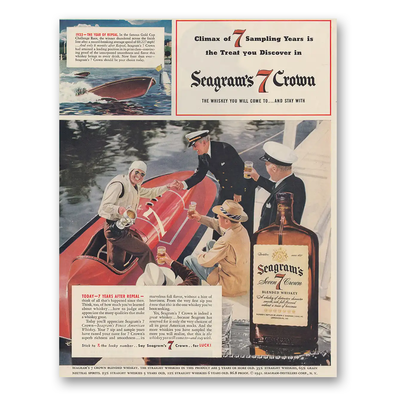 1941 Seagrams 7 Crown Whiskey Climax of 7 Sampling Years Vintage Magazine Print Ad