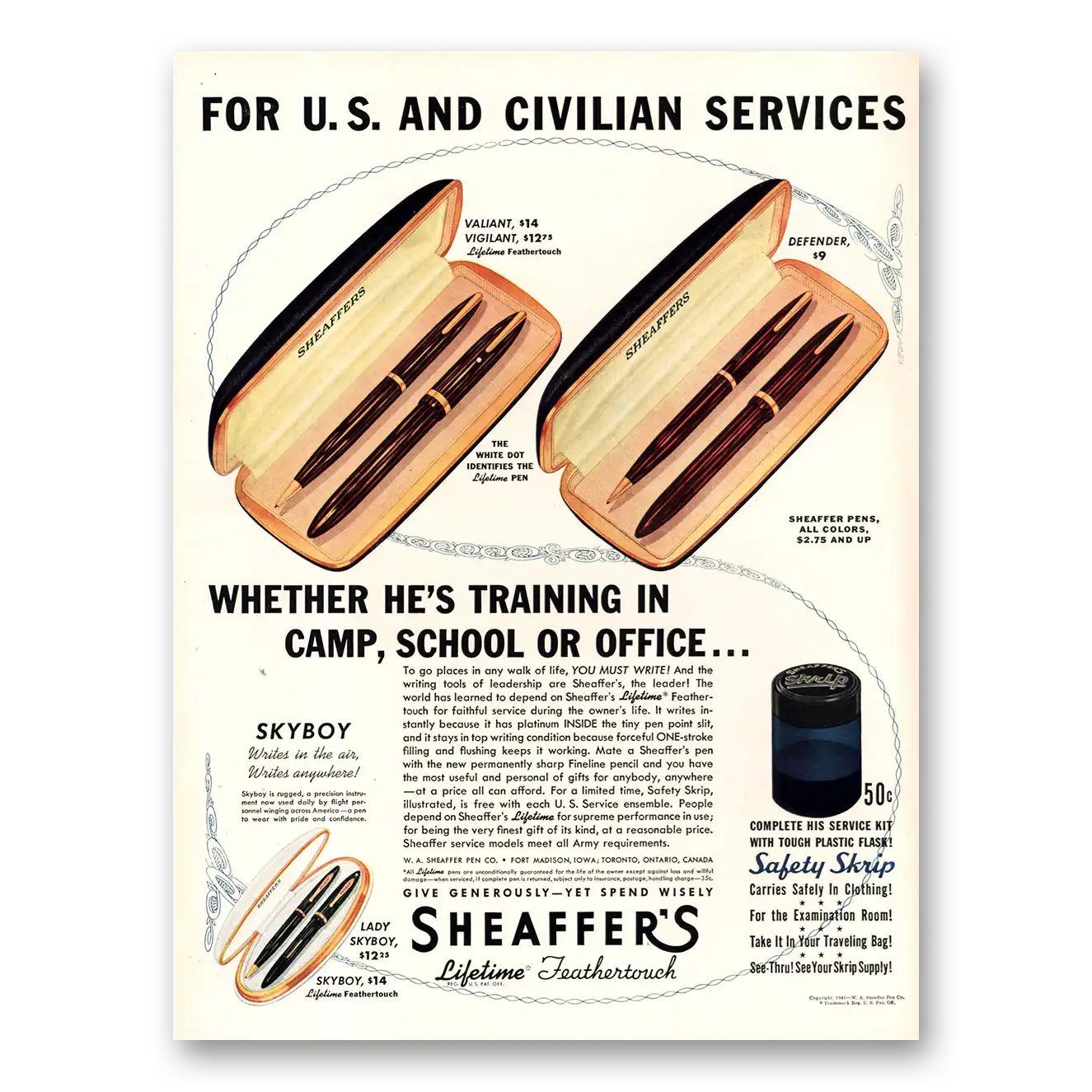 1941 Sheaffer Pen US and Civilian Services Vintage Magazine Print Ad