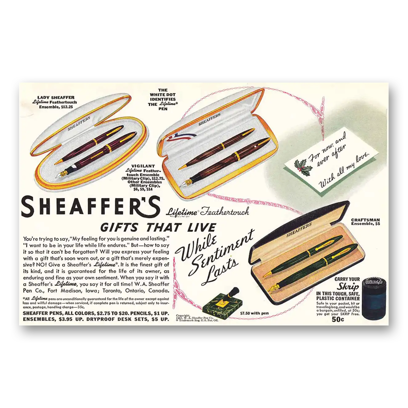 1941 Sheaffer Pen Lifetime Feathertouch Vintage Magazine Print Ad