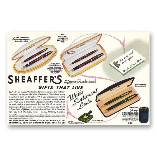 1941 Sheaffer Pen Lifetime Feathertouch Vintage Magazine Print Ad