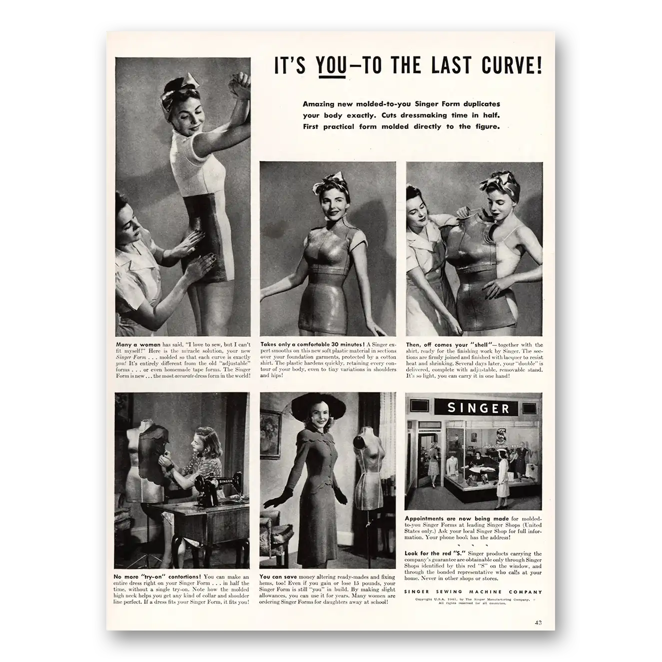 1941 Singer Sewing Machine You To the Last Curve Vintage Magazine Print Ad