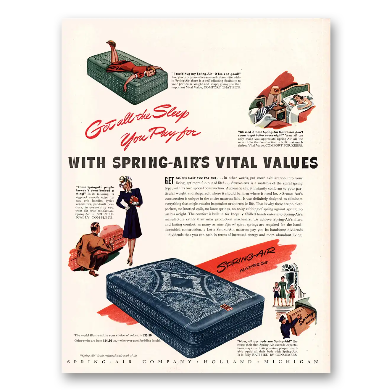 1941 Spring Air Mattress Get All the Sleep You Pay For Vintage Magazine Print Ad