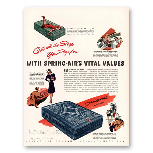 1941 Spring Air Mattress Get All the Sleep You Pay For Vintage Magazine Print Ad