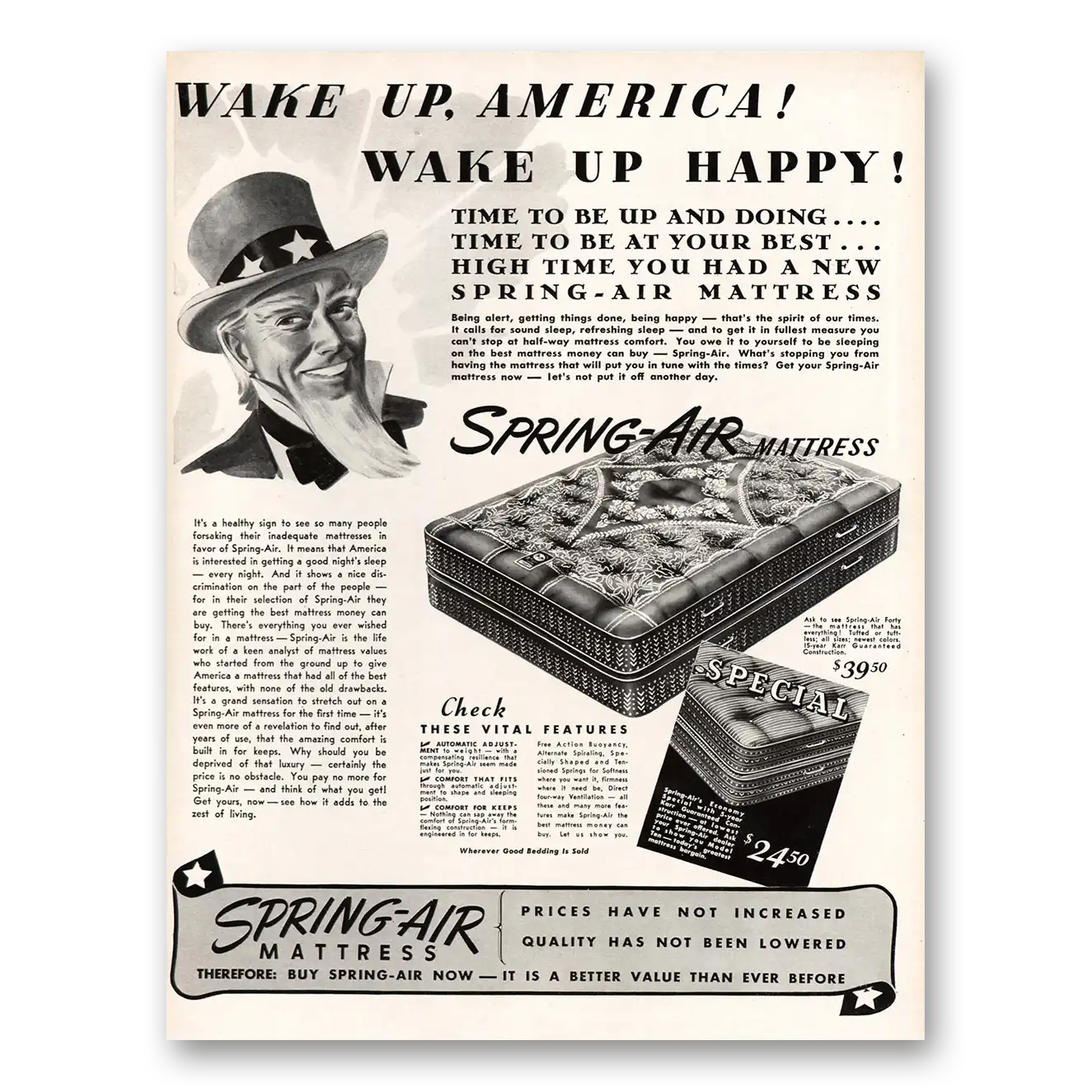 1941 Spring Air Mattress Wake Up America Vintage Magazine Print Ad