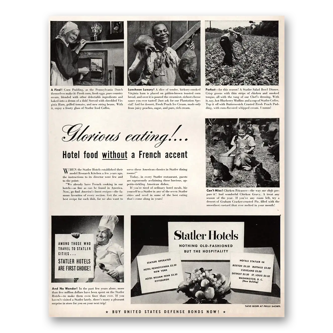 1941 Statler Hotels Glorious Eating Without a French Accent Vintage Magazine Print Ad