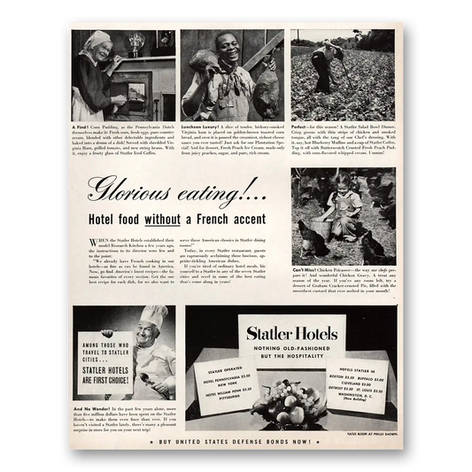 1941 Statler Hotels Glorious Eating Without a French Accent Vintage Magazine Print Ad