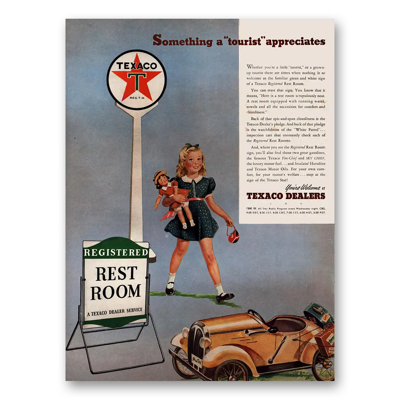 1941 Texaco Dealers Tourist Approaches Rest Room Vintage Magazine Print Ad