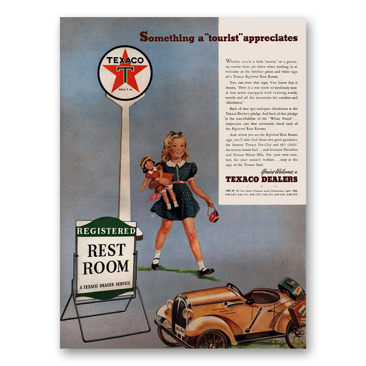 1941 Texaco Dealers Tourist Approaches Rest Room Vintage Magazine Print Ad