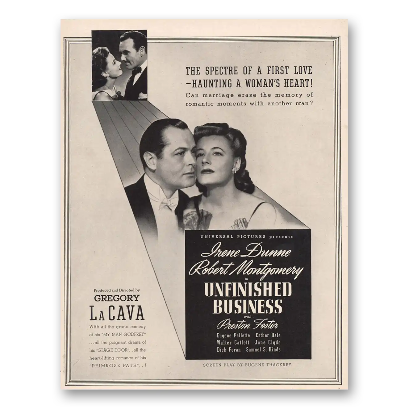 1941 Unfinished Business Movie Promo Irene Dunne and Robert Montgomery Vintage Magazine Print Ad