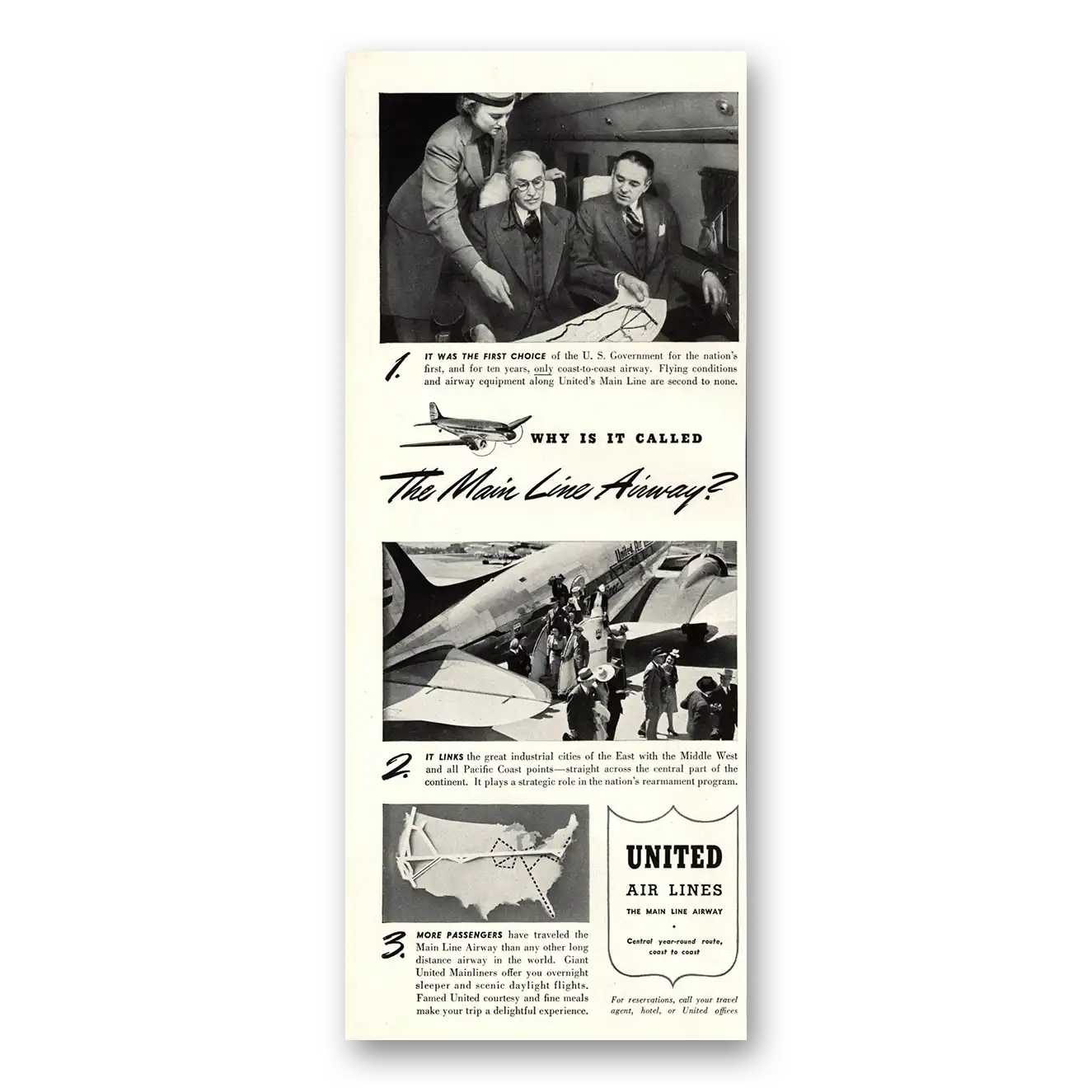 1941 United Airlines Main Line Airway Vintage Magazine Print Ad