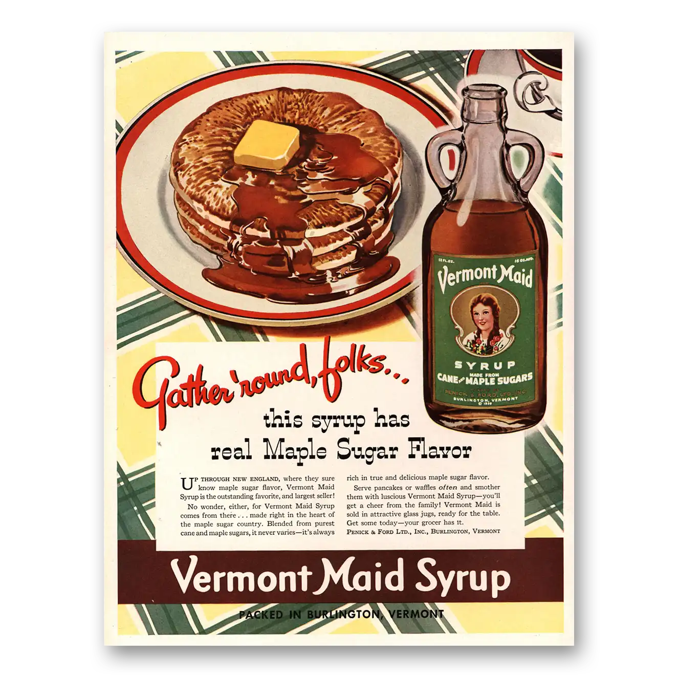 1941 Vermont Maid Syrup Gather Round Folks Maple Sugar Vintage Magazine Print Ad