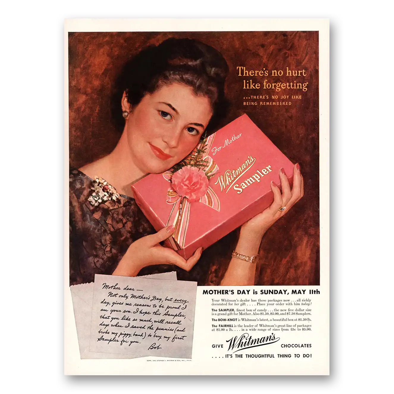 1941 Whitmans Chocolates Mothers Day Sunday May 11th Vintage Magazine Print Ad