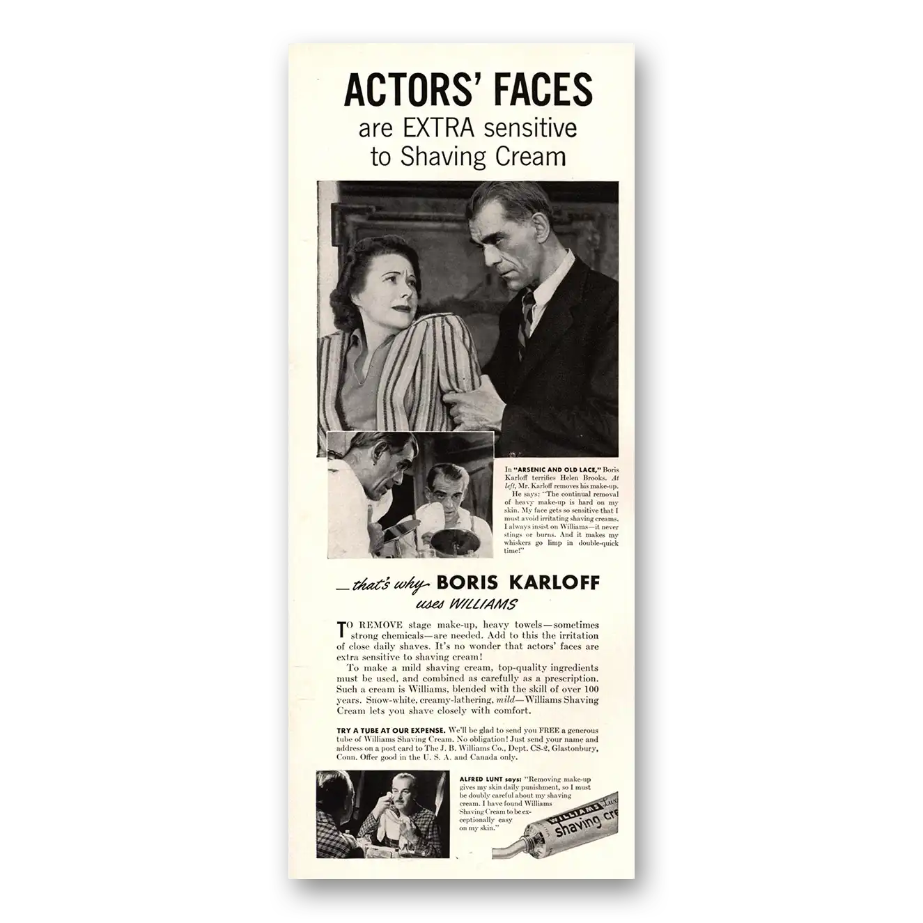 1941 Williams Shaving Cream Boris Karloff Arsenic and Old Lace Vintage Magazine Print Ad