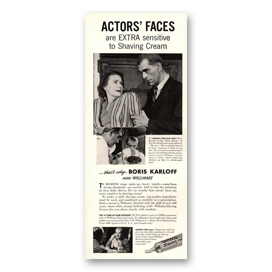 1941 Williams Shaving Cream Boris Karloff Arsenic and Old Lace Vintage Magazine Print Ad