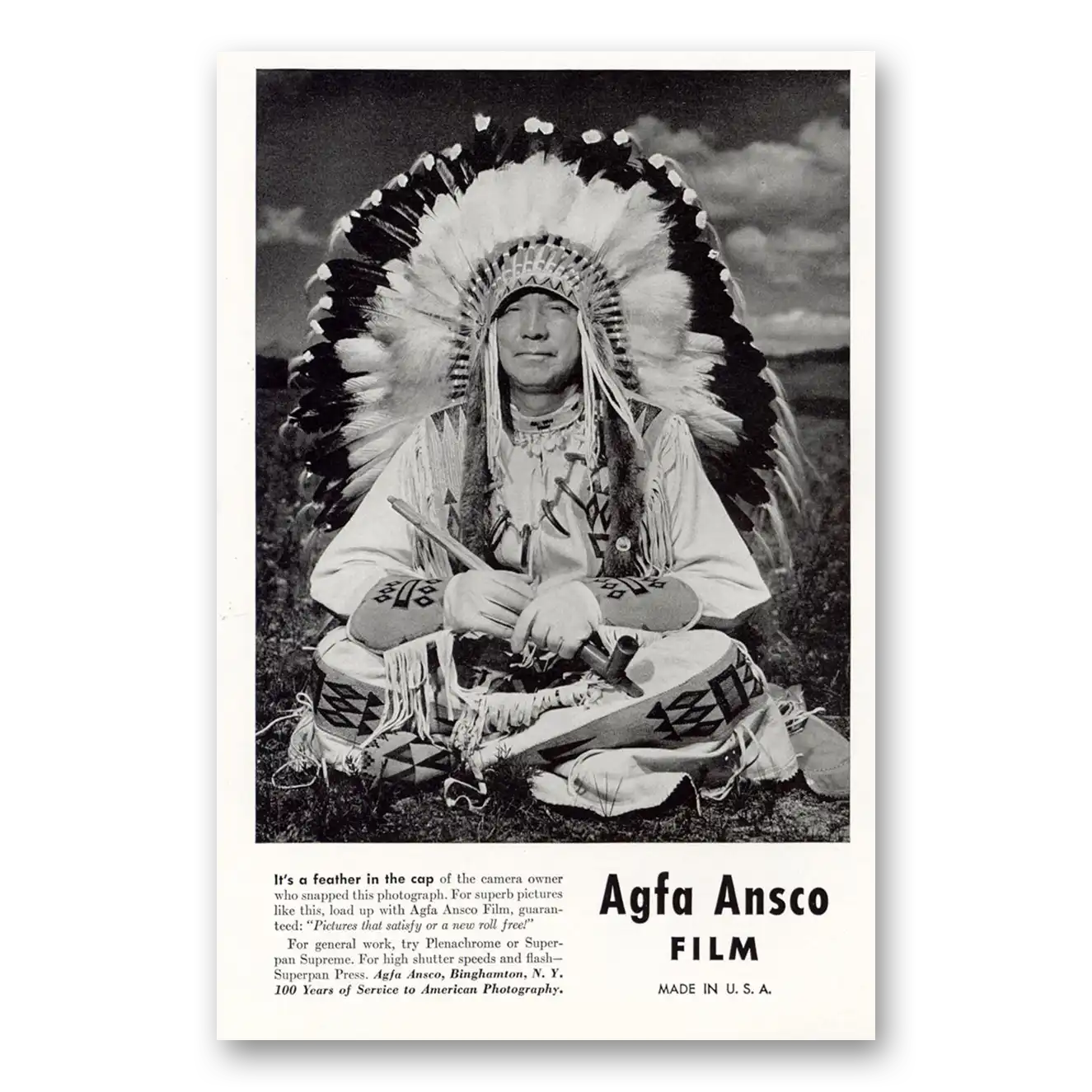 1942 Agfa Film Feather in the Cap Indian Vintage Magazine Print Ad