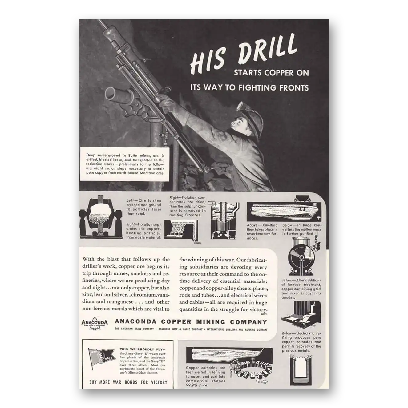 1942 Anaconda Mining His Drill Fighting Front Vintage Magazine Print Ad