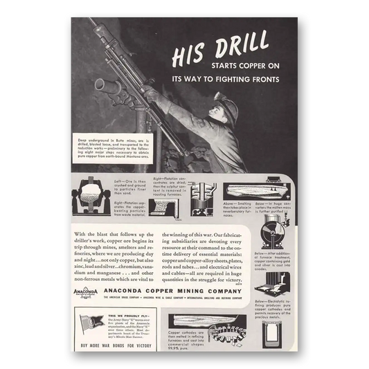 1942 Anaconda Mining His Drill Fighting Front Vintage Magazine Print Ad