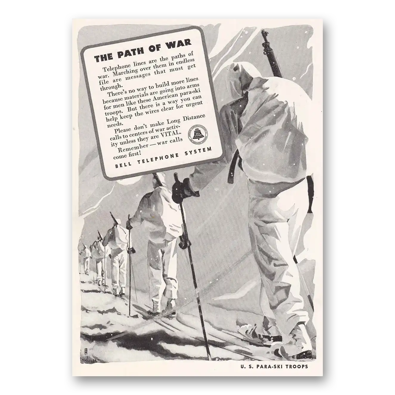 1942 Bell Telephone Para Ski Troops Path of War Vintage Magazine Print Ad