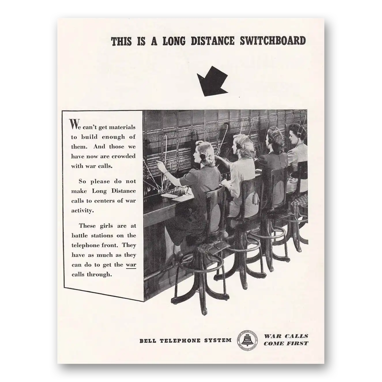 1942 Bell Telephone Long Distance Switchboard Vintage Magazine Print Ad