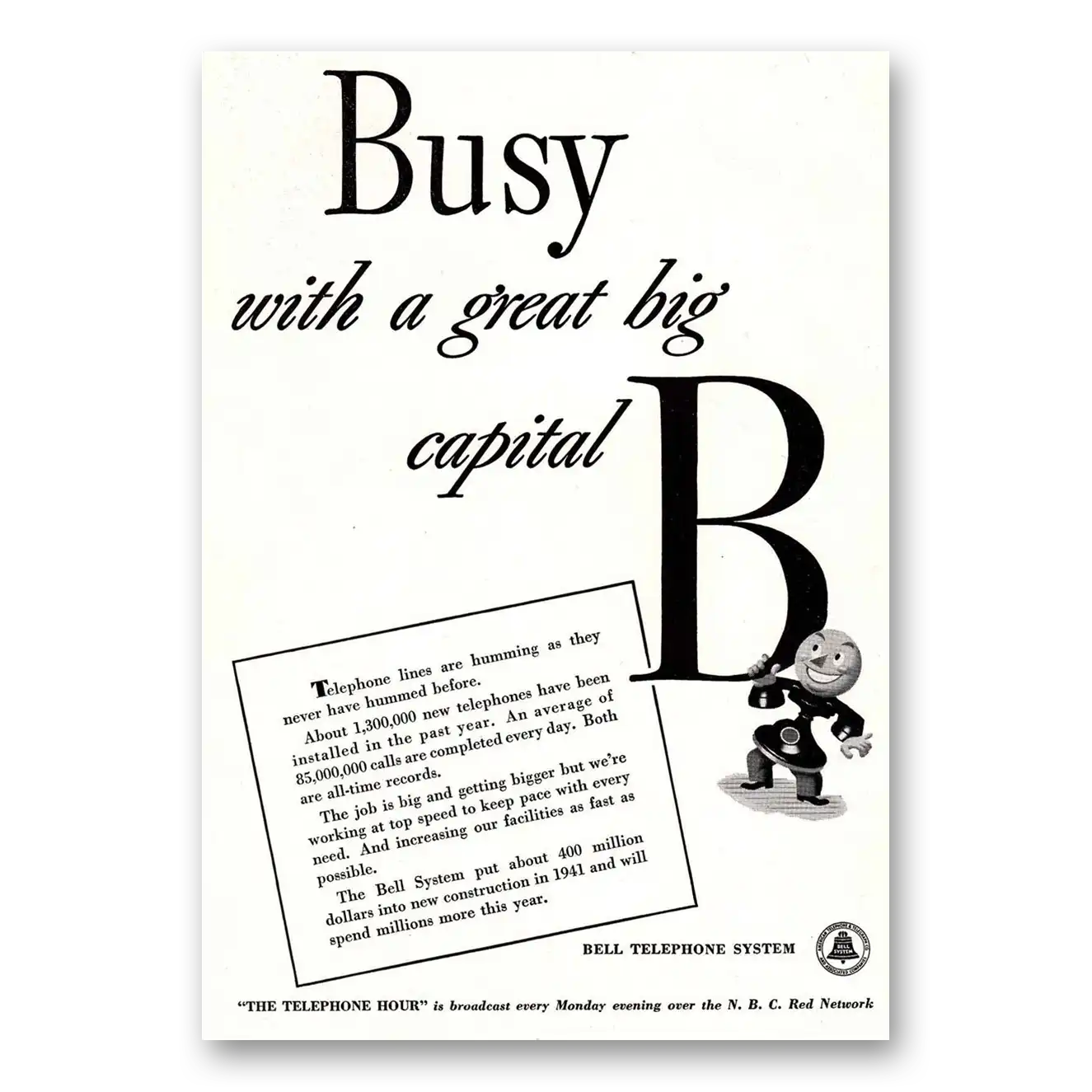 1942 Bell Telephone Busy with a Great Big Capital B Vintage Magazine Print Ad